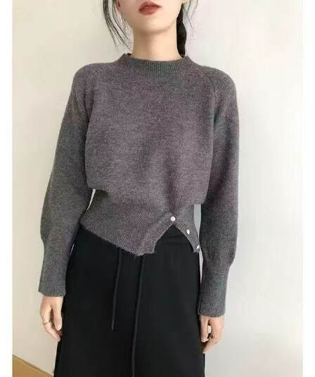 한 부서 라운드 넥 느긋한 바람 스웨터 슬림해 보이는 낮은 네크라인 여성 의류 가을 겨울철 맨위 인터넷 유명인 고급 센스 풀오버 니트 스웨터