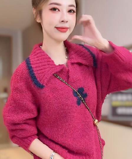 폴로 칼라 디자인 레트로 꽃 니트 풀오버 쇼트 스타일 배색 스웨터 가을 겨울 출퇴근 루즈핏 새로운 느긋한 맨위