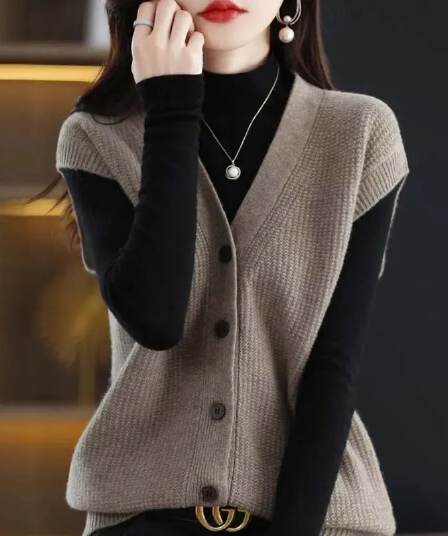 가을 겨울 새로운 V넥 니트 오픈 가디건 조끼 여자 한국 스타일 루즈핏 다용도 민소매 스웨터 조끼 슬림해 보이는 어깨 트렌디