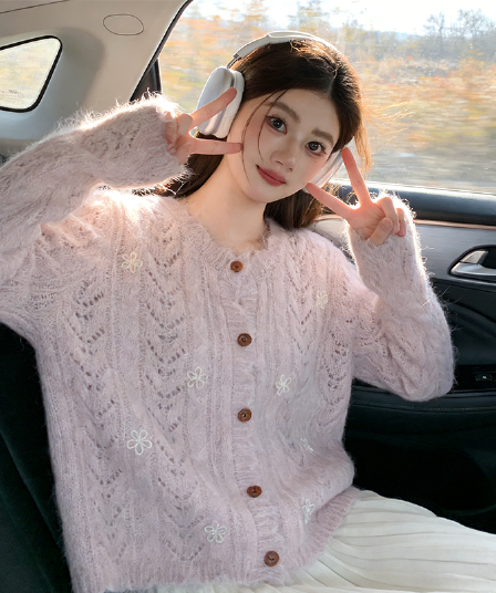 느긋한 라운드 넥 홀로우 아웃 레이스 니트 오픈 가디건 여성 조기 가을 새로운 캐주얼 달콤함 연령 감소 슬림해 보이는 스웨터 코트