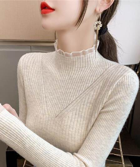 가을 겨울 새로운 반하이넥 스웨터 기본 셔츠 여성 인사이드 가져 가라. 외국 가스 캐주얼 레이스 조각 중 칼라 니트 스웨터 맨위