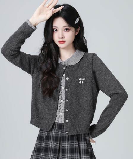 한 부서 POLO 칼라 페이크 레이어드 니트 오픈 가디건 여성 봄 가을 가을 새로운 배색 폴로 칼라 스웨터 쇼트 스타일 연령 감소 맨위