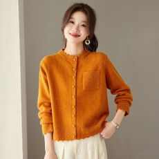 圆领休闲针织开衫女短款新款宽松橘色打底衫上衣时尚洋气毛衣外套