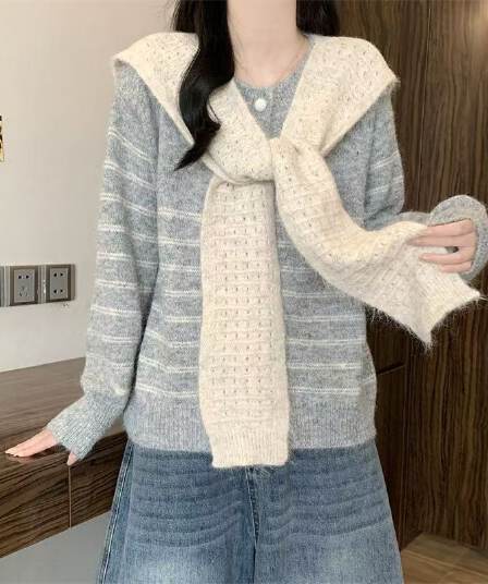 한 부서 부드러운 찹쌀 배색 스트라이프 경기 숄 긴팔 니트 스웨터 여성 가을 패션 루즈핏 연령 감소 두 조각 여성 세트