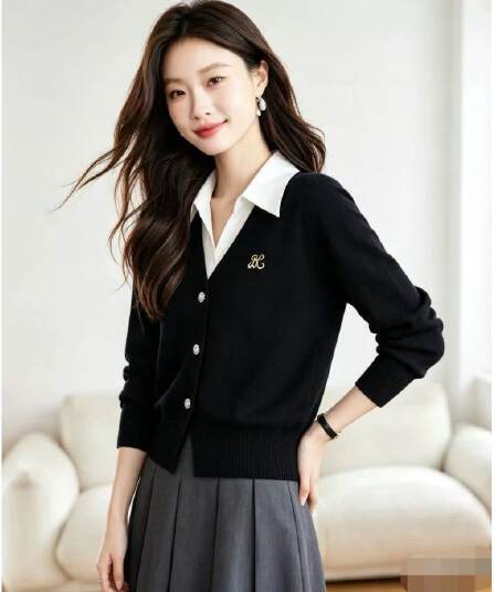 가을 겨울 새로운 페이크 레이어드 폴로 칼라 니트 스웨터 여성 배색 POLO 칼라 루즈핏 연령 감소 슬림해 보이는 패션 다용도 맨위