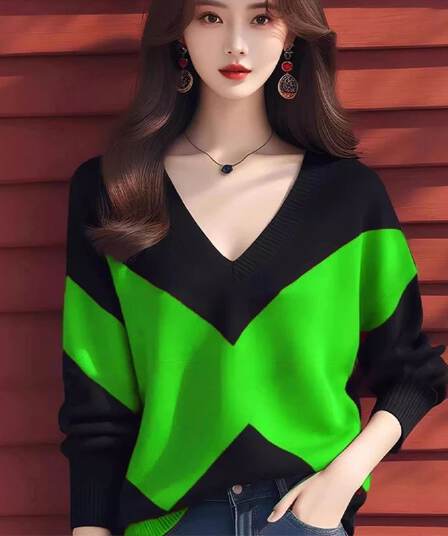 봄 가을 고유 한 Chic 느긋한 루즈핏 V넥 스웨터 니트 스웨터 여성 디자인 센스 작은 대중 패치워크 색상 아름다운 겨울 맨위
