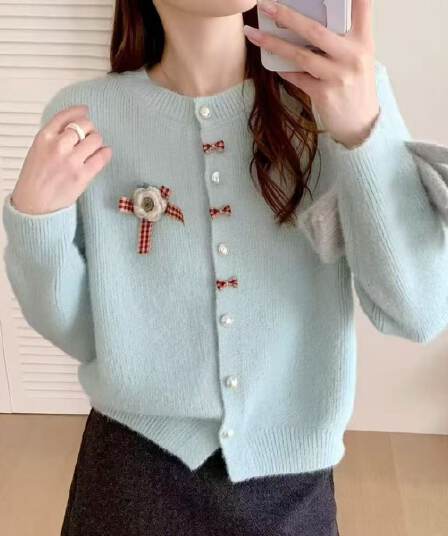 봄 가을 라운드 넥 오픈 가디건 한국 스타일 다용도 달콤함 품격 미니멀리즘 외국 가스 연령 감소 슬림해 보이는 스웨터 작은 샤넬 스타일 여성 코트