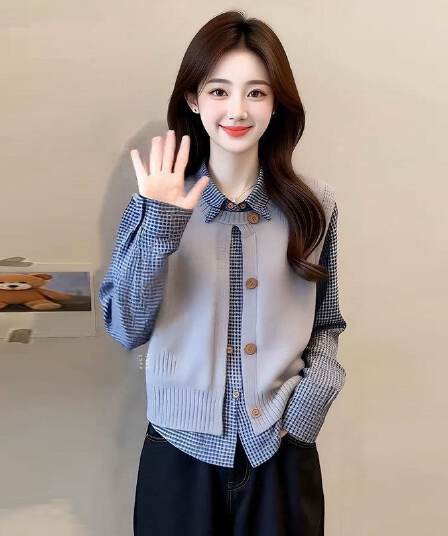 패션 셔츠 세트 여성 가을 새로운 외국 가스 슬림해 보이는 연령 감소 니트 조끼 베스트 긴팔 셔츠 투피스 세트