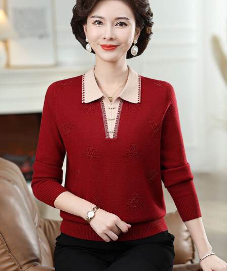 중년 여성 고급 카디건 풀오버 엄마 폴로 칼라 봄 가을 여성 의류 긴팔 기본 셔츠 할머니 니트