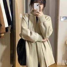 批发复古日系纯色百搭毛衣外套女新款春秋装中长款慵懒风<b class='q'>针织</b>开衫上衣