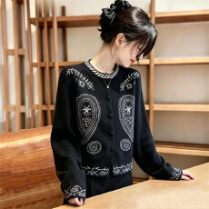 批发老钱风提花圆领毛衣外套<b class='q'>女</b>秋冬<b class='q'>新款</b>设计感小众加厚针织开衫上衣潮