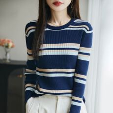批发法式撞色条纹内搭时尚针织打底衫女修身显瘦毛衣新款休闲百搭上衣
