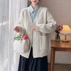 批发<b class='q'>韩版</b>复古点点纱麻花慵懒风秋冬季毛衣开衫女宽松V领宽松针织外套