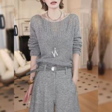 批发新款韩系减龄钩花镂空灰色长袖针织衫女秋季<b class='q'>打底</b>毛衣休闲宽松<b class='q'>上衣</b>