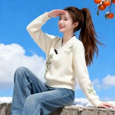 批发新中式V领长袖<b class='q'>针织衫</b>女春秋冬新款大码胖mm休闲百搭显瘦减龄毛衣