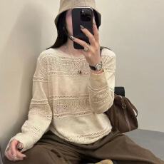 批发春秋新款显瘦宽松长袖镂空圆领薄款针织衫女慵懒韩版上衣百搭打底