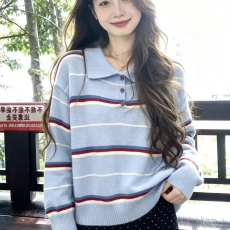 批发撞色条纹<b class='q'>大码</b>Polo领针织毛衣女秋冬新款复古长袖时髦内搭打底上衣