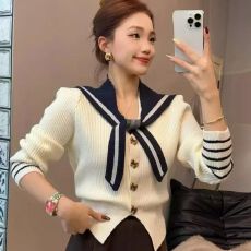 批发秋冬新款针织<b class='q'>开衫</b>女简约甜美时尚披肩毛衣女海军领减龄气质上衣女