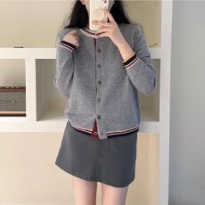 批发韩系时尚拼色<b class='q'>开衫</b>毛衣外套内搭女款宽松显瘦圆领<b class='q'>针织衫</b>上衣外搭女