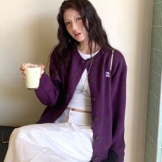 批发圆领开衫女超显白紫色<b class='q'>毛衣</b>外套春秋季休闲宽松显瘦针织衫绣花上衣