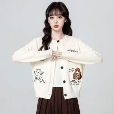 批发韩系圆领<b class='q'>毛衣</b>外套女秋季新款时尚小狗刺绣宽松针织开衫短款上衣女