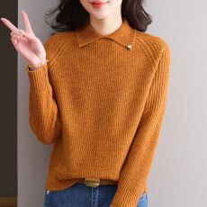批发正品高端女翻领套头<b class='q'>春</b>秋新款外穿短款毛衣纯色插肩袖减龄针织衫女