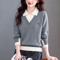批发翻领针织打底衫女秋装新款中年妈妈高级感假两件<b class='q'>上衣</b>洋气减龄毛衣