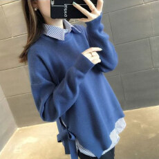批发时尚两件套条纹衬衫系带针织衫春秋新款大码宽松大码打底毛衣<b class='q'>套装</b>