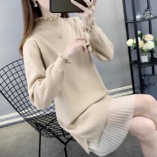 批发高品质韩系秋冬宽松外穿毛衣女套头中长款韩版毛衣裙针织打底衫女