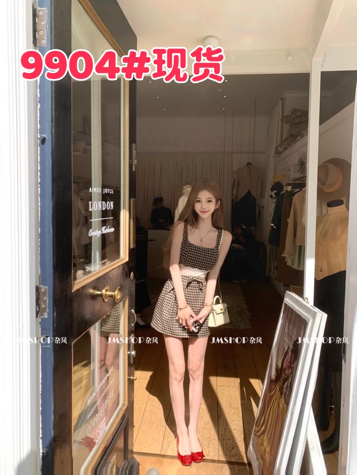 jmshop 본 그림 광장 칼라 체크무늬 여성 드레스 여름 디자인 센스 패치워크 레이스 나비 매듭 치마