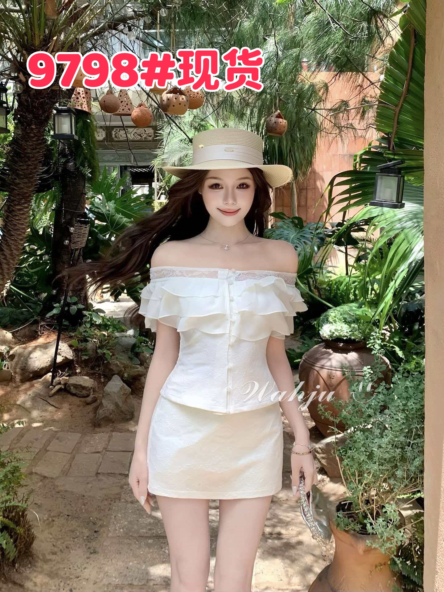 회화 솔루션 wahju 달빛 흰색 矜贵 여름 프랑스식 레트로 오프숄더 레이스 튜브탑 맨위 여성 반 스커트 세트