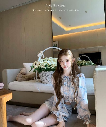 늦게 우산 우산 26 ss 부드러운 안개 꽃 상황 vtg 생성 색상 파란색 프린트 셔츠 나비 매듭 레이스 반 스커트