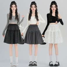 批发实拍~春夏复古韩系灰色波点蓬蓬裙设计感蕾丝拼接荷叶边a字中裙