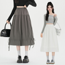 批发实拍~春夏新款白色高腰显瘦<b class='q'>百搭</b>抽绳中长裙设计感a字休闲半身裙