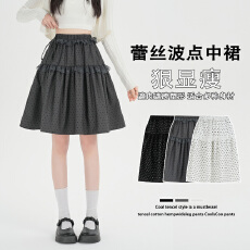 批发实拍~春夏复古韩系灰色波点蓬蓬裙设计感蕾丝拼接荷叶边a字中裙