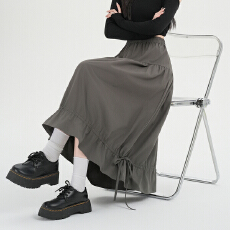 批发实拍~春夏新款白色高腰显瘦<b class='q'>百搭</b>抽绳中长裙设计感a字休闲半身裙