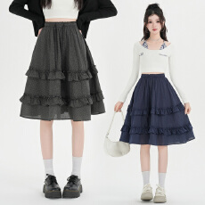 批发<b class='q'>实拍</b>~春夏格子木耳边半身裙蛋糕裙宽松显瘦垂感松紧腰A字裙中长裙