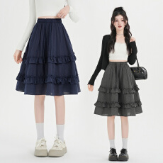 批发<b class='q'>实拍</b>~春夏格子木耳边半身裙蛋糕裙宽松显瘦垂感松紧腰A字裙中长裙