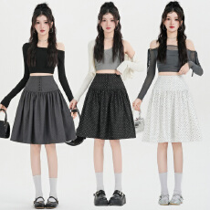 批发实拍~春夏灰色复古波点半身裙高腰显瘦百搭蓬蓬a字裙通勤休闲中裙