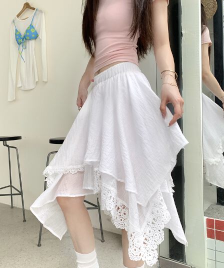 실사 화이트 레이스 레이스 패치워크 불규칙 반신 스커트 여성 2026 새로운 디자인 센스 다용도 한 마디 중간 스커트