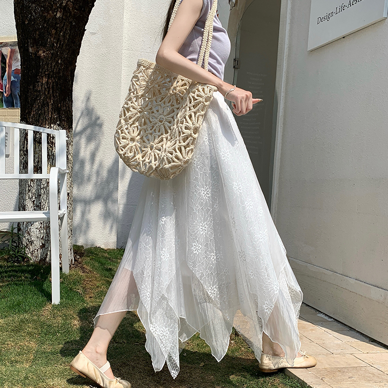 실사 불규칙 레이스 조각 퍼프 반신 스커트 여성 2026 봄 여름 새로운 하이웨이스트 한 마디 루즈핏 빅 플레어 스커트