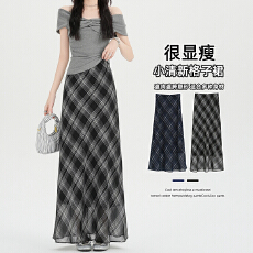 批发实拍复古法式蓝调格纹雪纺<b class='q'>半身裙</b>女2026<b class='q'>新款</b>高腰显瘦百搭气质长裙
