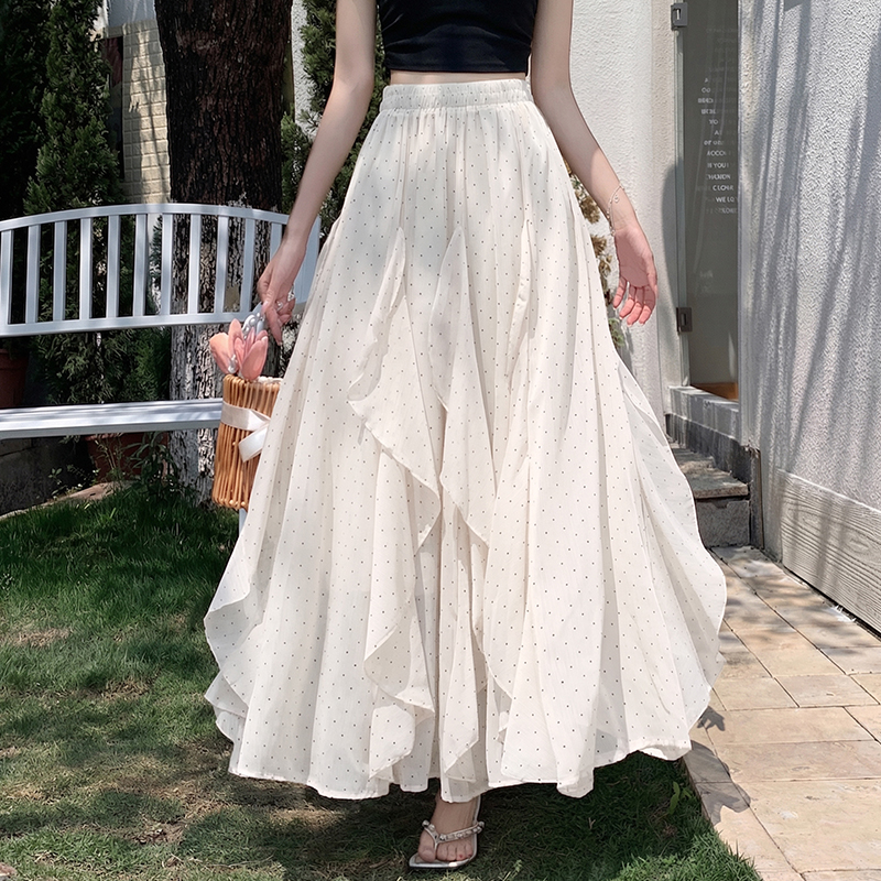 실사 한 부서 불규칙 프릴 도트 무늬 반신 스커트 여성 2026 허리밴드 도루 센스 캐주얼 한 마디 빅 플레어 스커트