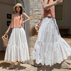 实拍~白色刺绣钩花蕾丝半身裙女夏季新款高腰显瘦拼接蛋糕中长裙