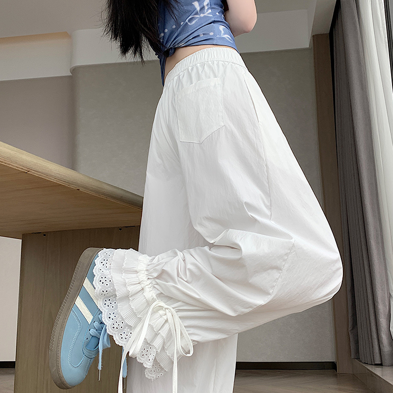 실사 레이스 레이스 패치워크 와이드 레깅스 바지 여름 섹션 둘 착용 스트레이트 팬츠 9 포인트 작은 키 루즈핏 캐주얼 바지