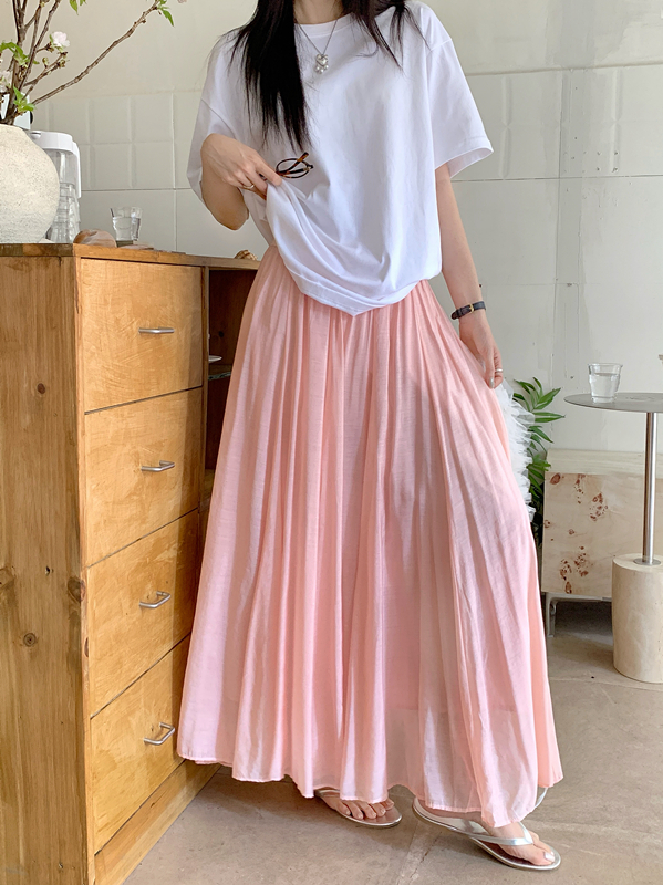 실사 2026 새로운 허리밴드 주름 장식 면 린넨 프로 피부 도루 센스 반신 스커트 슬림해 보이는 루즈핏 표지 고기 빅 플레어 스커트