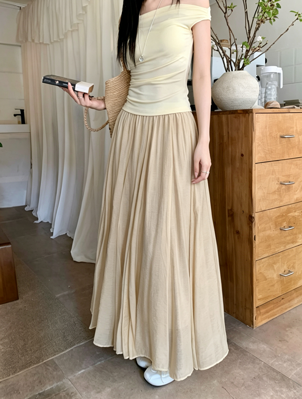 실사 2026 새로운 허리밴드 주름 장식 면 린넨 프로 피부 도루 센스 반신 스커트 슬림해 보이는 루즈핏 표지 고기 빅 플레어 스커트