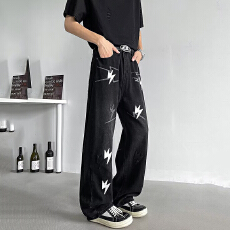 批发港风潮男夏季新款2025个性印花牛仔裤<b class='q'>嘻哈</b>ins潮高街潮流痞帅长裤