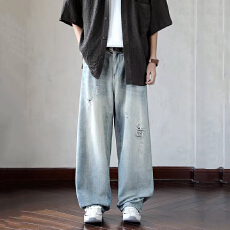 批发男生裤子破洞牛仔裤男款宽松直筒时尚<b class='q'>嘻哈</b>潮高街潮流百搭牛仔裤