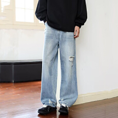 批发男生裤子破洞牛仔裤男款宽松直筒时尚<b class='q'>嘻哈</b>潮高街潮流百搭牛仔裤